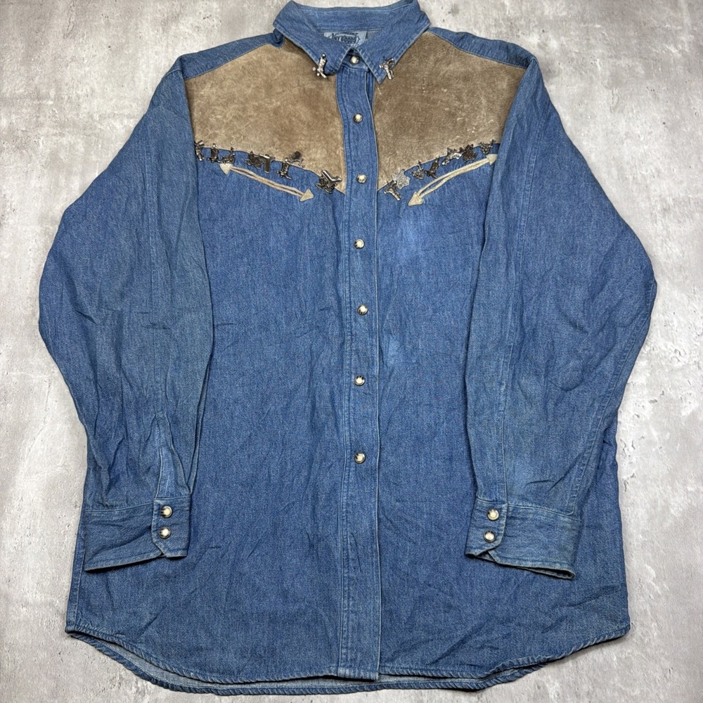 Vintage Cambridge Dry Goods Western Denim Shirt Adult L Chambray Suede Charms